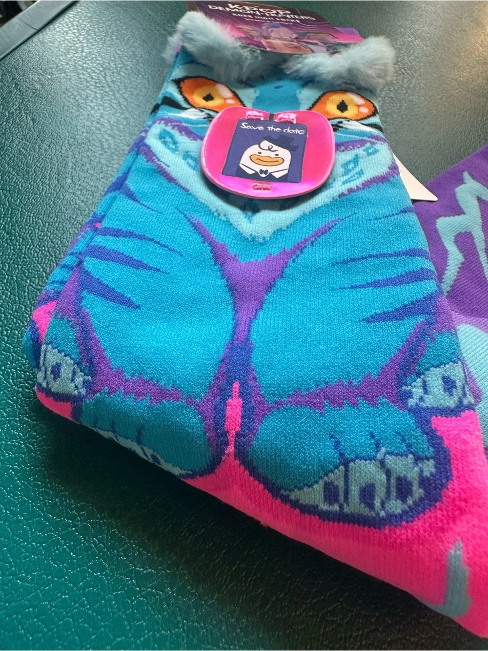 Derpy Cat K-Pop Demon Hunters Knee High Socks - Turquoise Purple Pink - Netflix